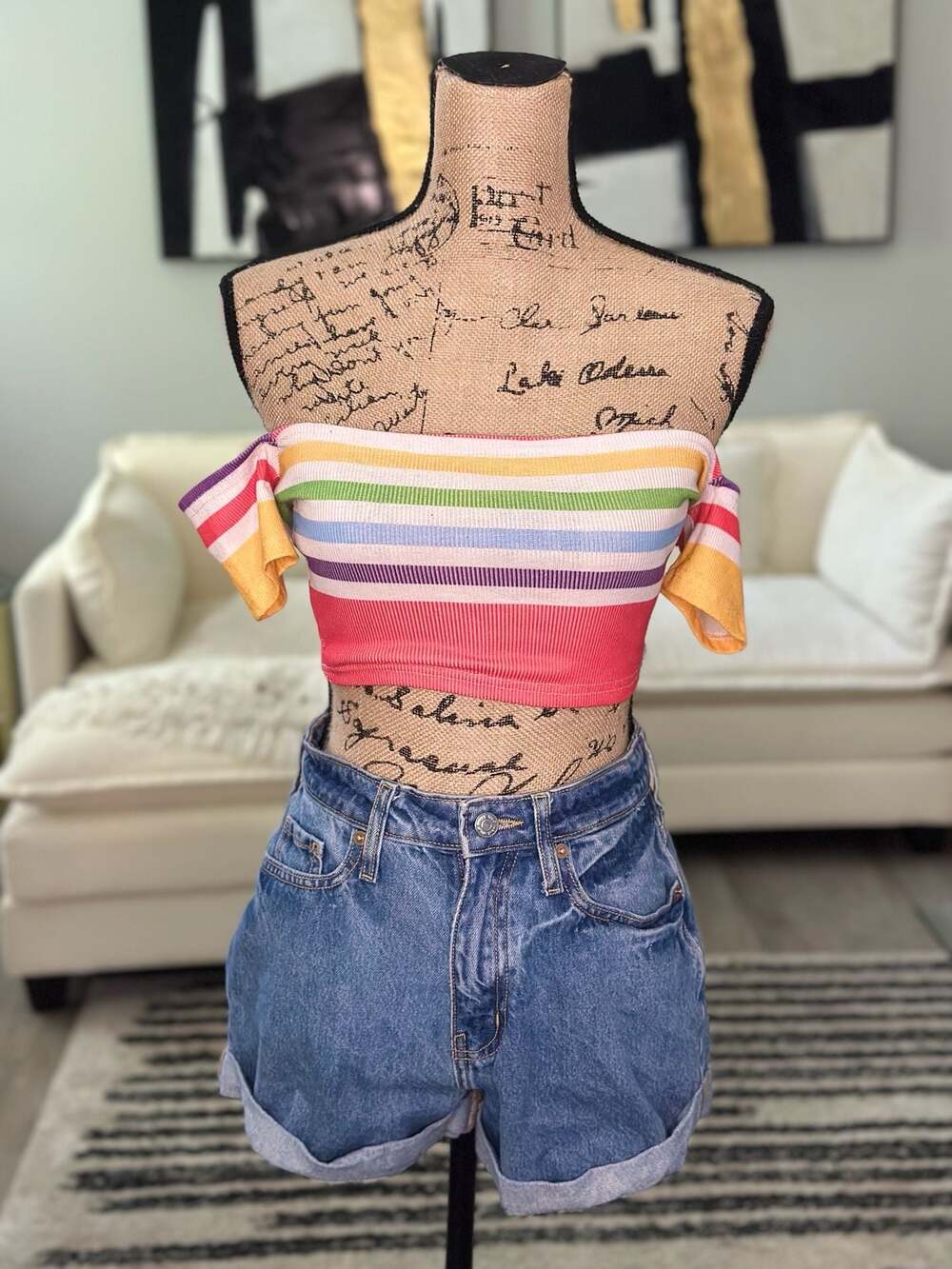 White Multi Striped Ribbed Off-the-Shoulder Crop Top